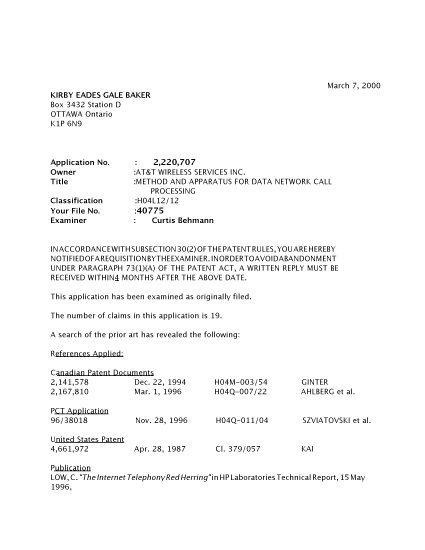 Canadian Patent Document 2220707. Prosecution-Amendment 19991207. Image 1 of 3