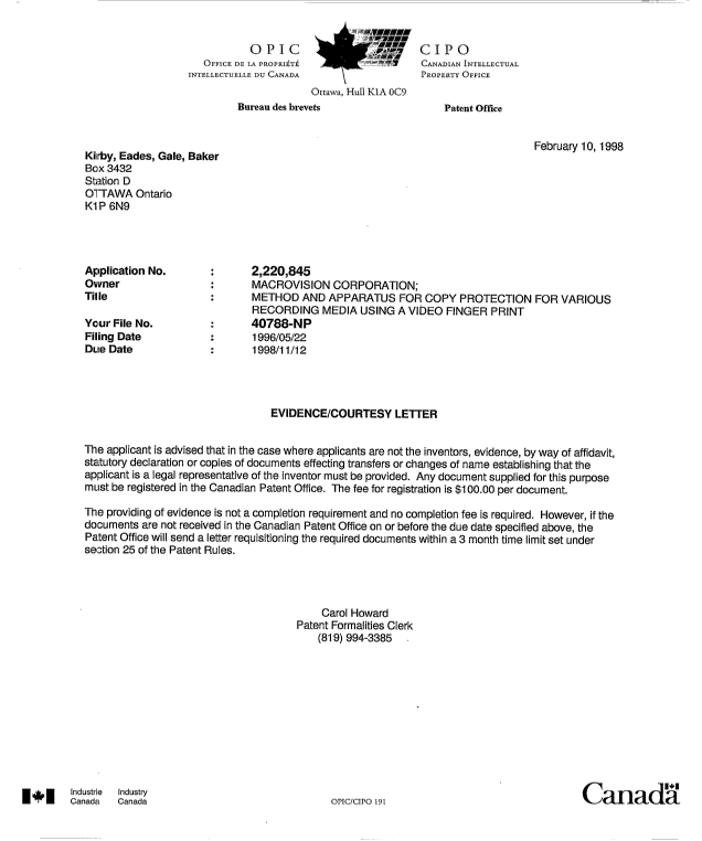 Document de brevet canadien 2220845. Correspondance 19980210. Image 1 de 1