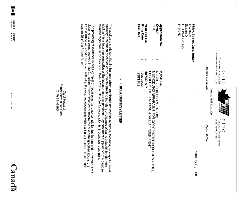 Canadian Patent Document 2220845. Correspondence 19980210. Image 1 of 1