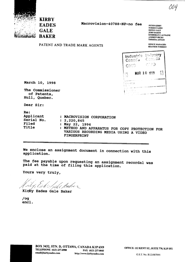 Canadian Patent Document 2220845. Assignment 19980310. Image 1 of 2
