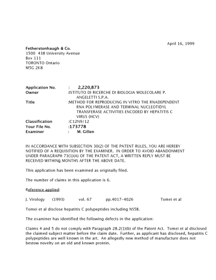 Canadian Patent Document 2220873. Prosecution-Amendment 19990416. Image 1 of 3