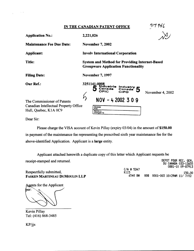 Canadian Patent Document 2221026. Fees 20021104. Image 1 of 1