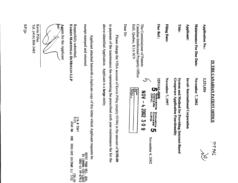 Canadian Patent Document 2221026. Fees 20021104. Image 1 of 1
