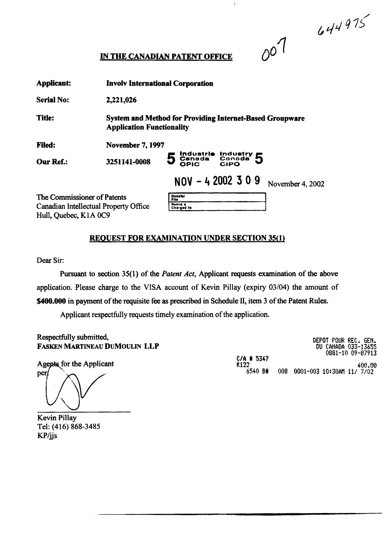 Canadian Patent Document 2221026. Prosecution-Amendment 20021104. Image 1 of 1