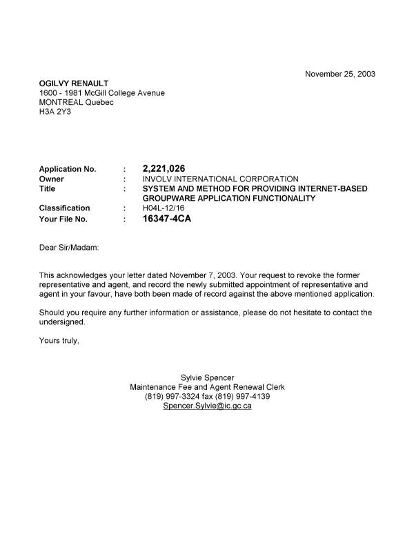 Canadian Patent Document 2221026. Correspondence 20031125. Image 1 of 1