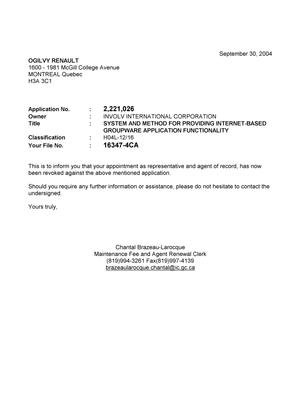 Document de brevet canadien 2221026. Correspondance 20040930. Image 1 de 1