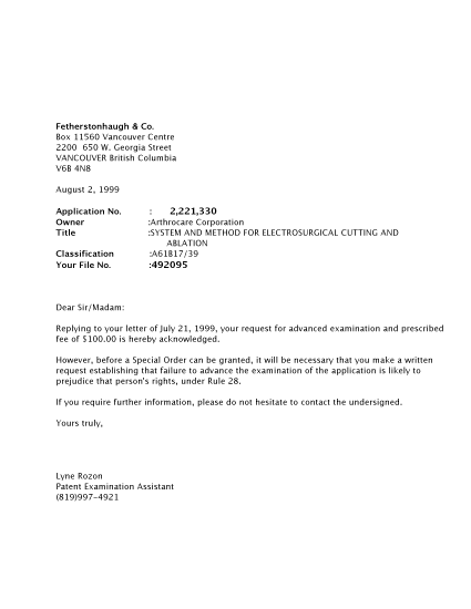 Canadian Patent Document 2221330. Correspondence 19990802. Image 1 of 1
