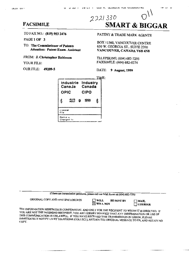 Canadian Patent Document 2221330. Prosecution-Amendment 19990809. Image 1 of 3