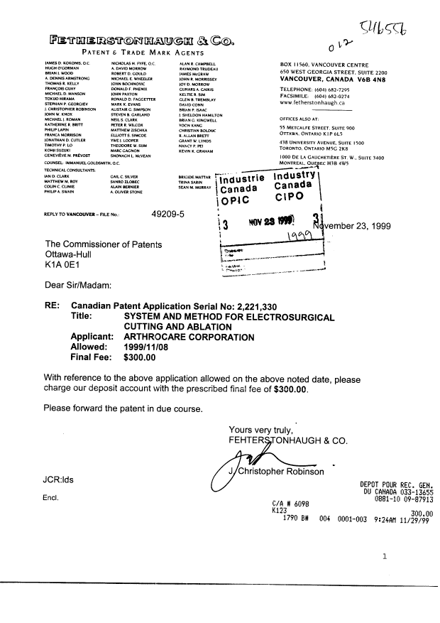 Document de brevet canadien 2221330. Correspondance 19991123. Image 1 de 1