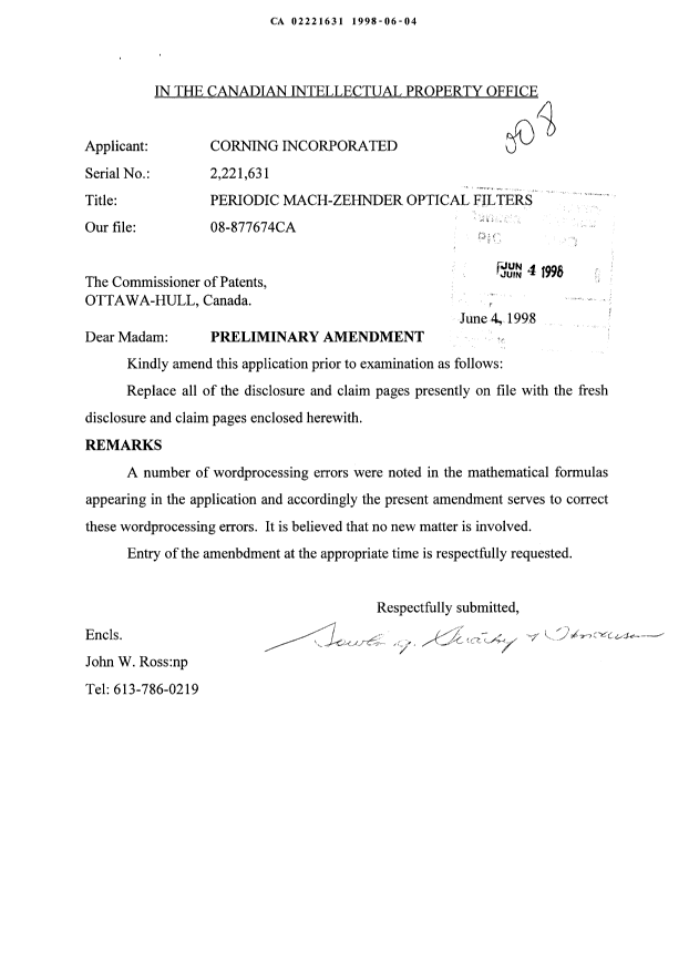 Canadian Patent Document 2221631. Prosecution-Amendment 19980604. Image 1 of 28