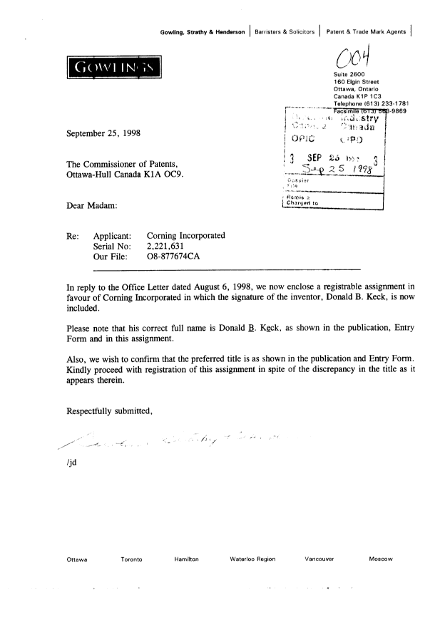 Document de brevet canadien 2221631. Cession 19980925. Image 1 de 7