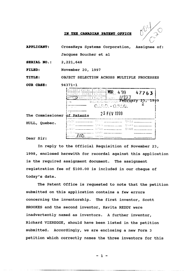 Canadian Patent Document 2221648. Correspondence 19981223. Image 1 of 3