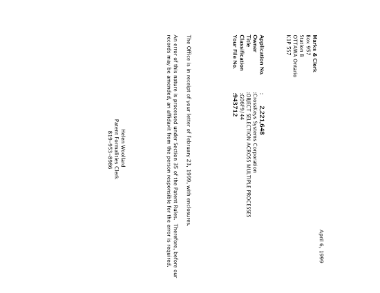 Document de brevet canadien 2221648. Correspondance 19981231. Image 1 de 1