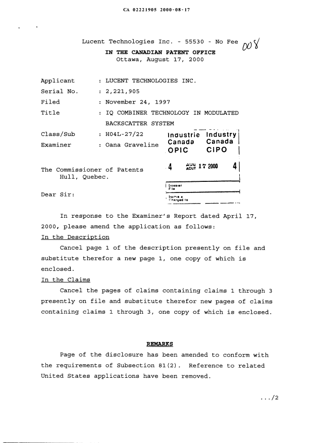 Canadian Patent Document 2221905. Prosecution-Amendment 19991217. Image 1 of 5