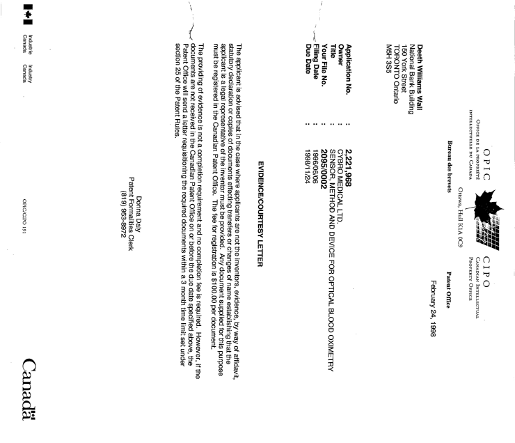 Document de brevet canadien 2221968. Correspondance 19971224. Image 1 de 1