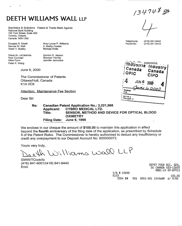 Canadian Patent Document 2221968. Fees 20000606. Image 1 of 1