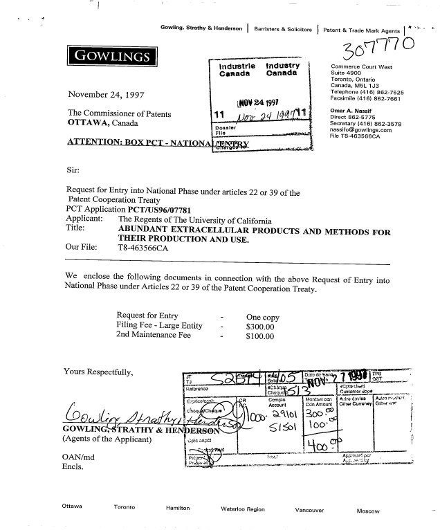 Document de brevet canadien 2222000. Cession 19971124. Image 1 de 3