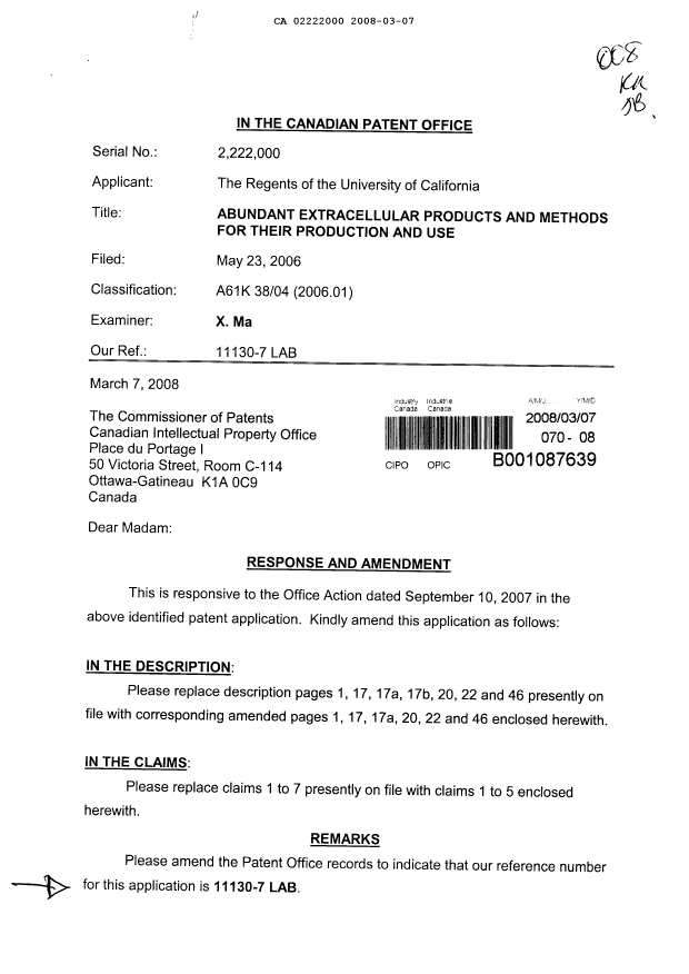 Canadian Patent Document 2222000. Prosecution-Amendment 20080307. Image 1 of 14