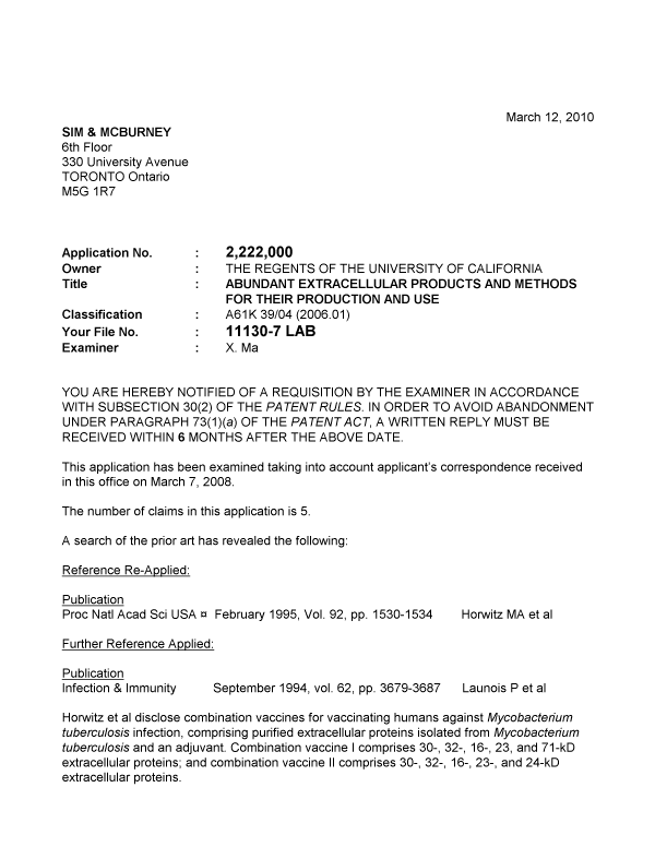 Canadian Patent Document 2222000. Prosecution-Amendment 20100312. Image 1 of 4