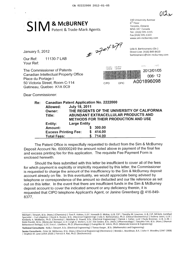Document de brevet canadien 2222000. Correspondance 20120105. Image 1 de 2