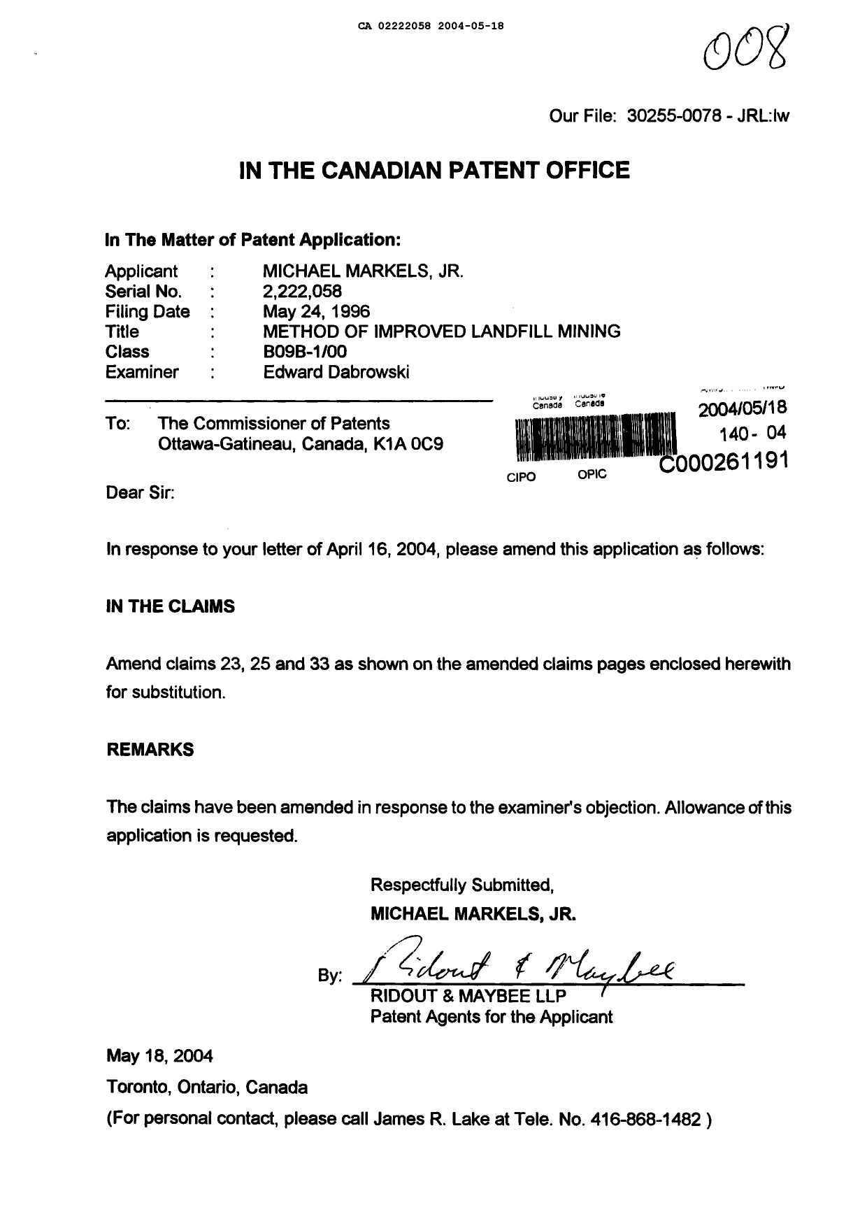 Canadian Patent Document 2222058. Prosecution-Amendment 20031218. Image 1 of 3