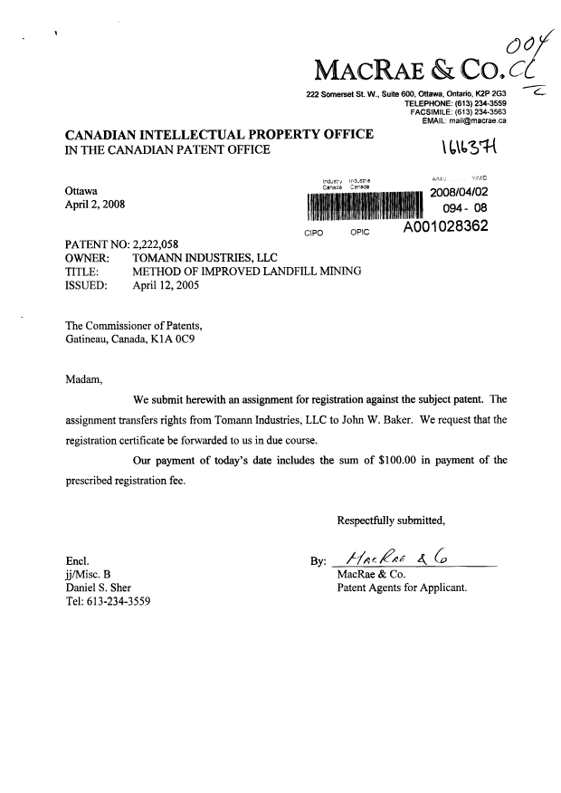 Canadian Patent Document 2222058. Assignment 20071202. Image 1 of 3