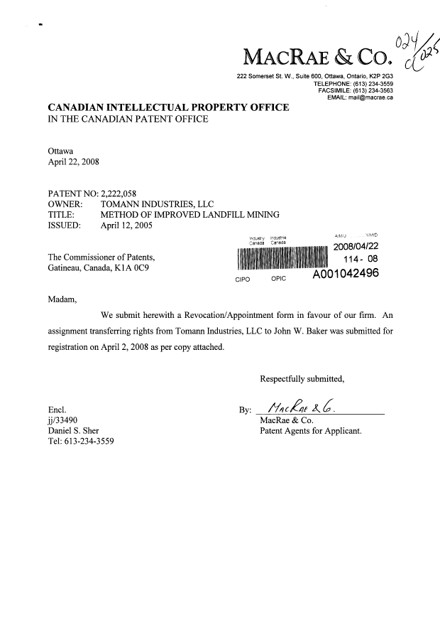 Canadian Patent Document 2222058. Assignment 20071222. Image 1 of 3