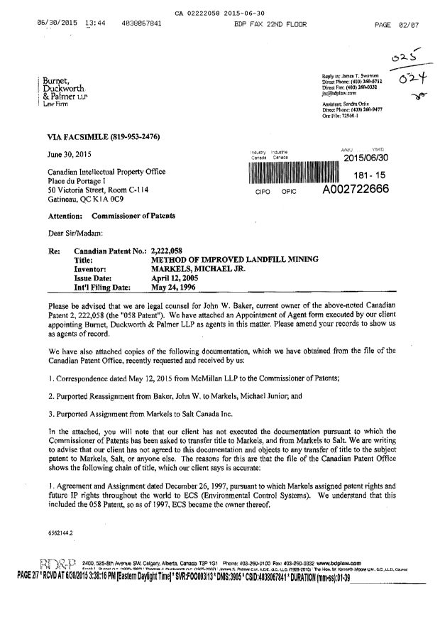Canadian Patent Document 2222058. Correspondence 20141230. Image 1 of 4