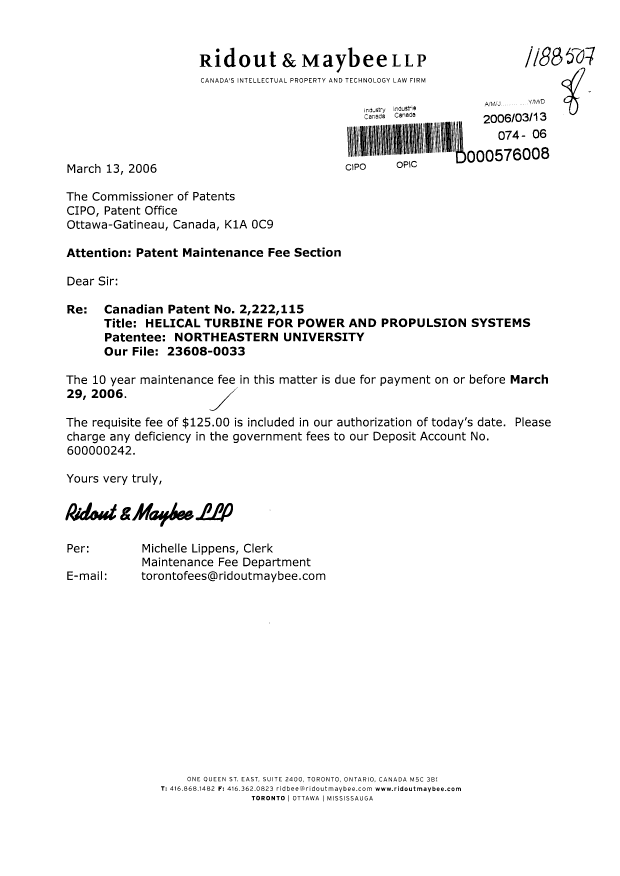 Canadian Patent Document 2222115. Fees 20051213. Image 1 of 1