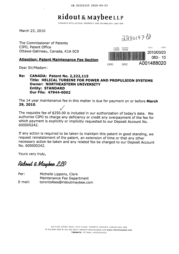 Canadian Patent Document 2222115. Fees 20091223. Image 1 of 1