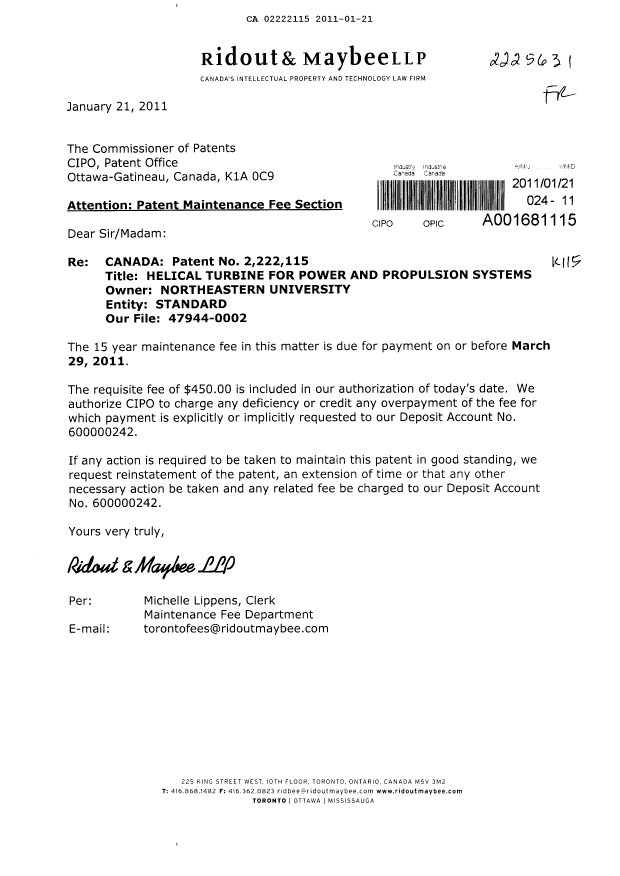 Document de brevet canadien 2222115. Taxes 20110121. Image 1 de 1
