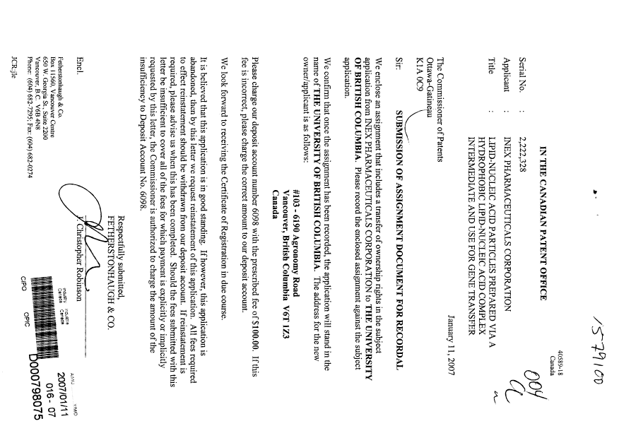 Canadian Patent Document 2222328. Assignment 20070111. Image 1 of 7