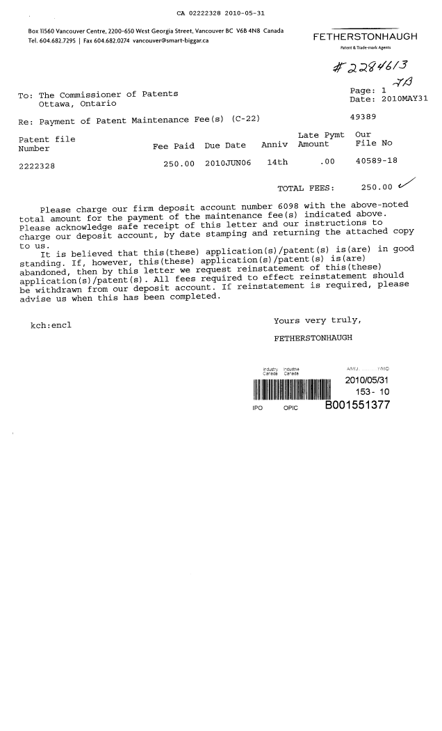 Canadian Patent Document 2222328. Fees 20100531. Image 1 of 1