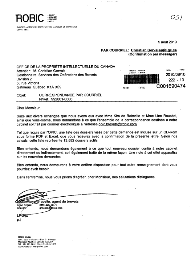 Document de brevet canadien 2222358. Correspondance 20100810. Image 1 de 1