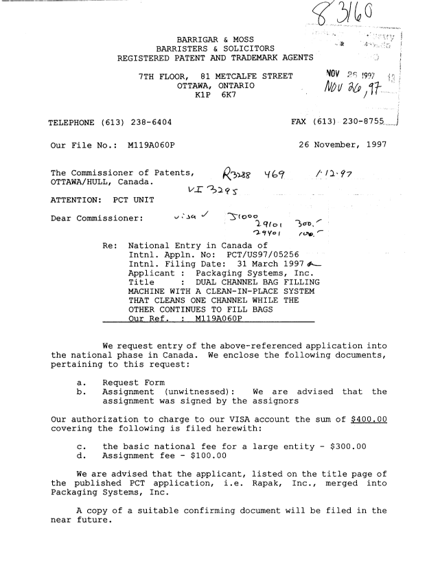 Document de brevet canadien 2222433. Cession 19971126. Image 1 de 4