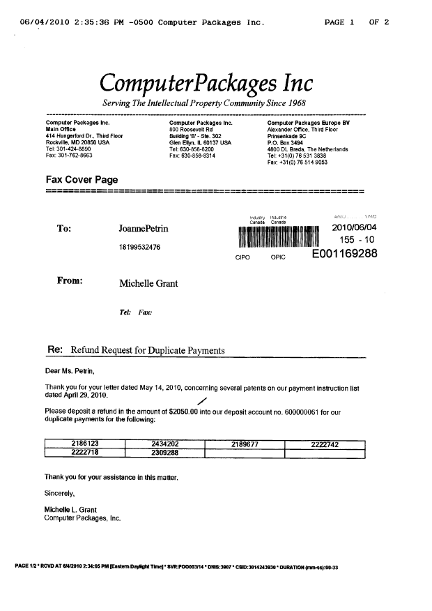 Document de brevet canadien 2222718. Correspondance 20100604. Image 1 de 2