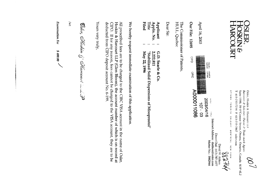 Canadian Patent Document 2222811. Prosecution-Amendment 20030416. Image 1 of 1