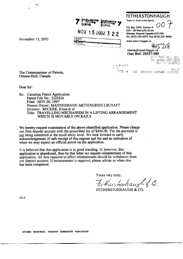 Canadian Patent Document 2222826. Prosecution-Amendment 20021115. Image 1 of 1