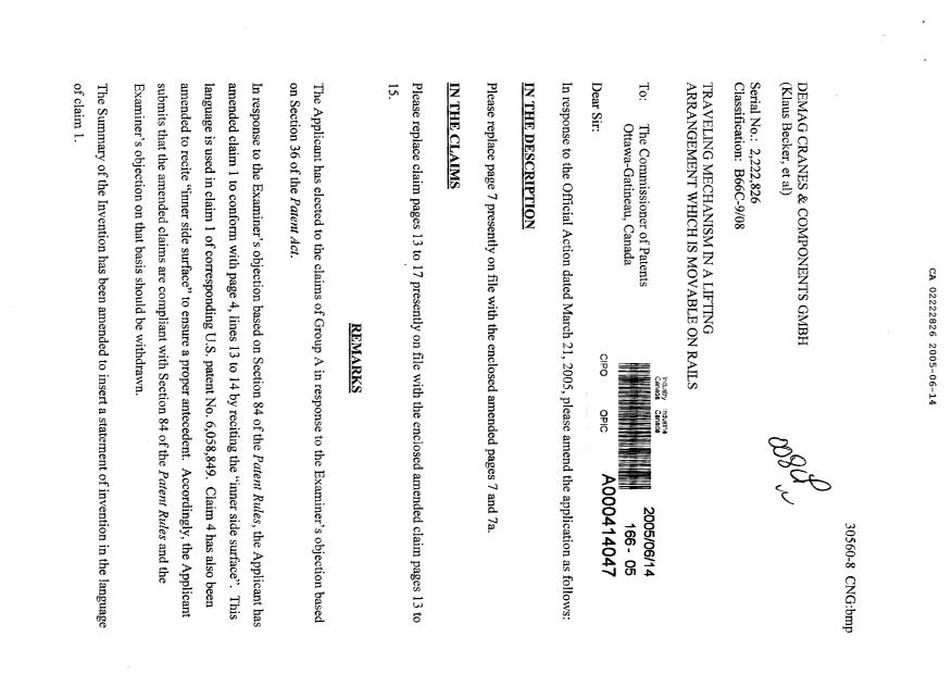 Canadian Patent Document 2222826. Prosecution-Amendment 20050614. Image 1 of 7