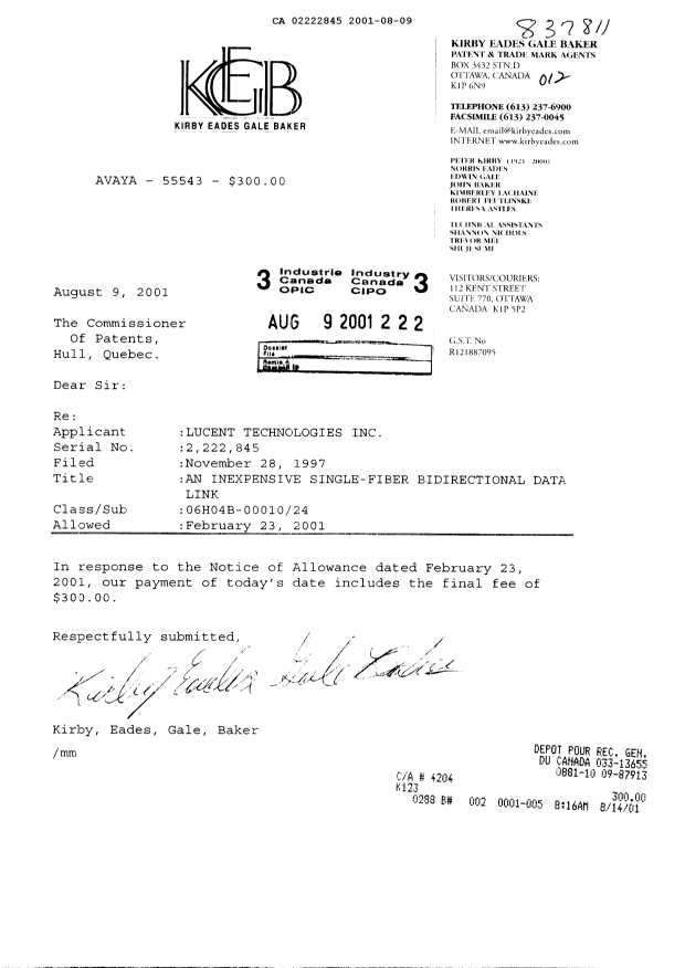 Document de brevet canadien 2222845. Correspondance 20010809. Image 1 de 1