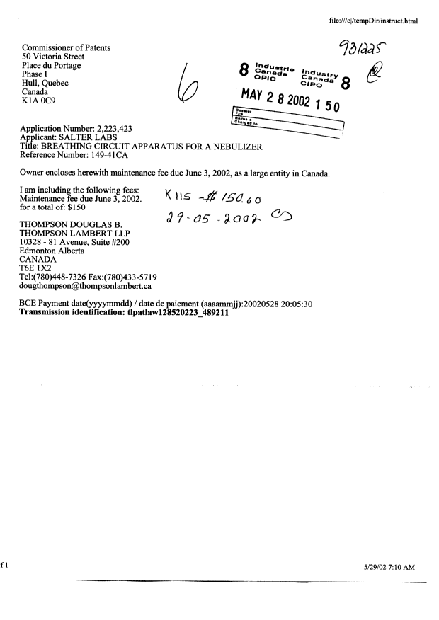 Document de brevet canadien 2223423. Taxes 20020528. Image 1 de 1