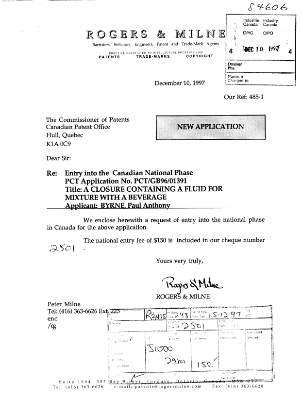 Document de brevet canadien 2224360. Cession 19971210. Image 1 de 3