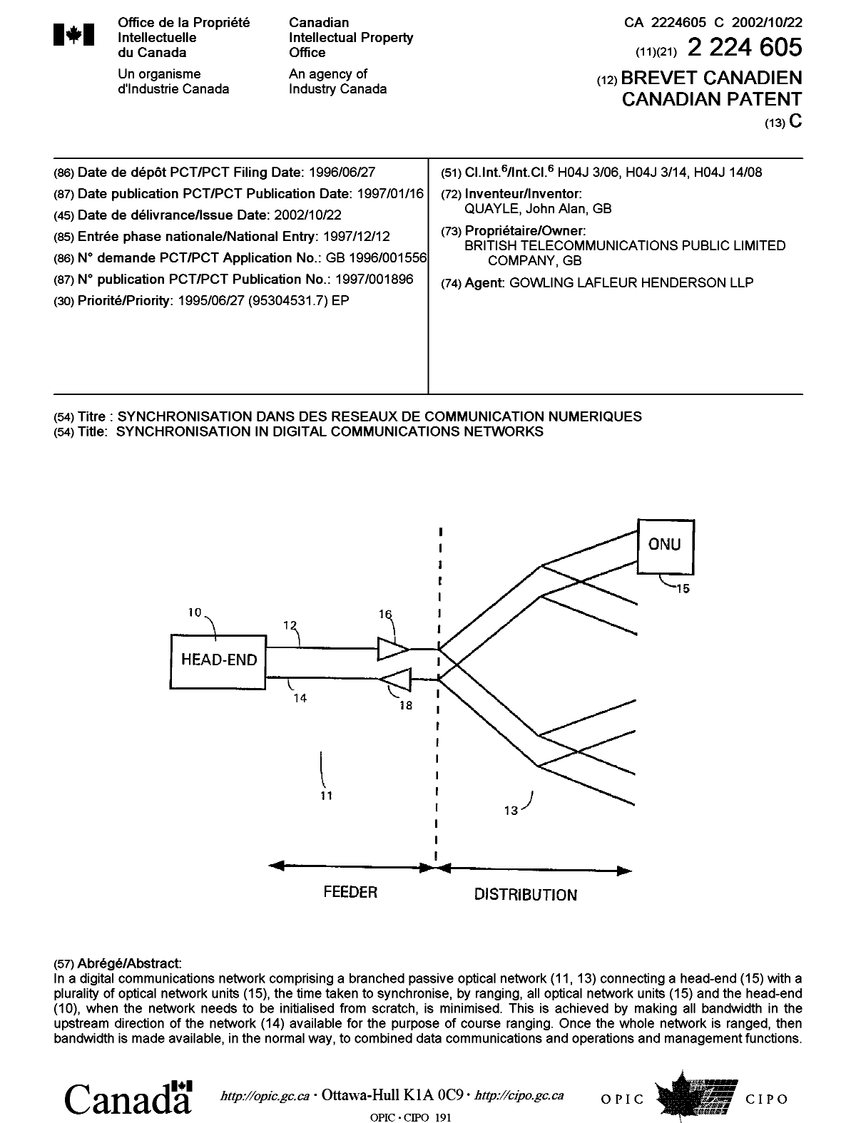 Canadian Patent Document 2224605. Cover Page 20020919. Image 1 of 1