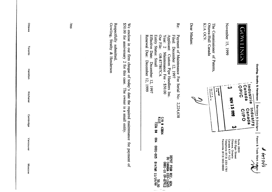 Document de brevet canadien 2224638. Taxes 19991115. Image 1 de 1