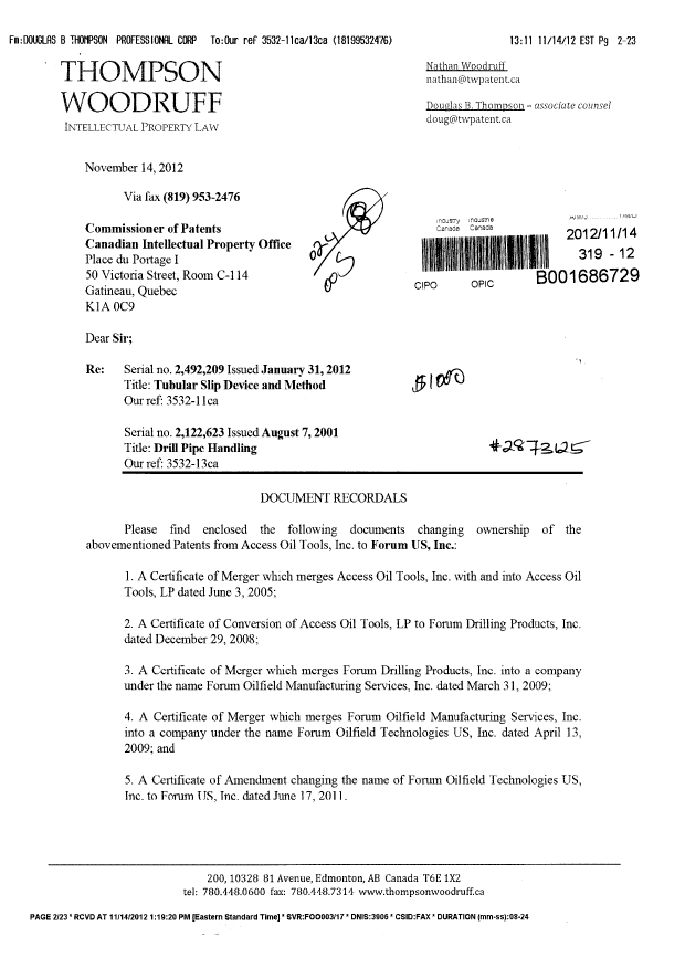 Canadian Patent Document 2224638. Correspondence 20121114. Image 1 of 5
