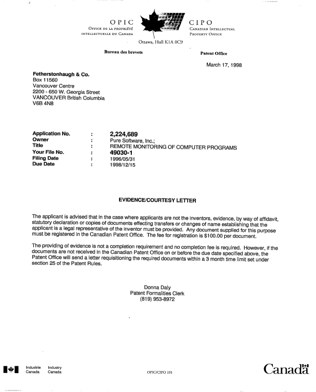 Document de brevet canadien 2224689. Correspondance 19980317. Image 1 de 1