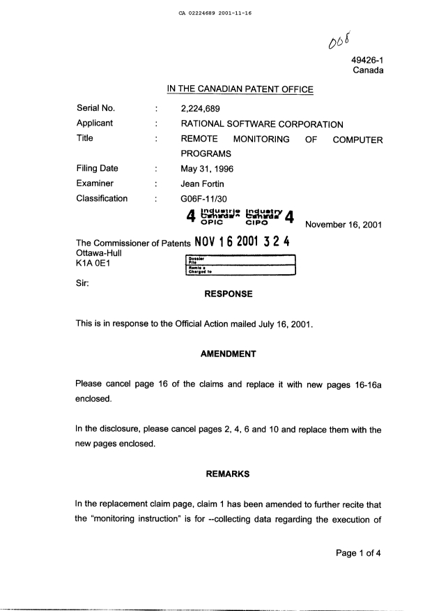Canadian Patent Document 2224689. Prosecution-Amendment 20011116. Image 1 of 11