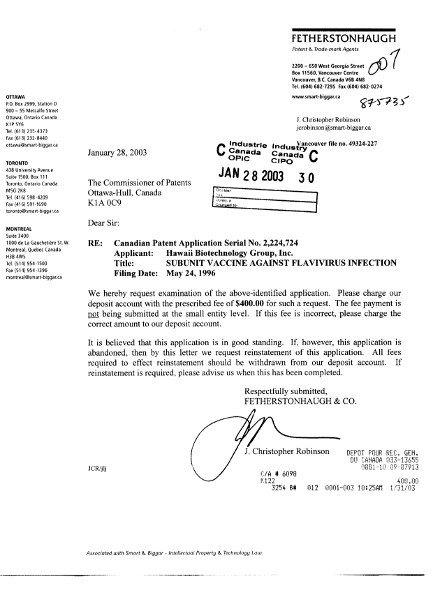 Canadian Patent Document 2224724. Prosecution-Amendment 20030128. Image 1 of 1