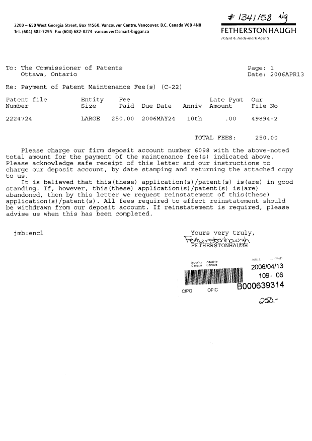 Document de brevet canadien 2224724. Taxes 20060413. Image 1 de 1