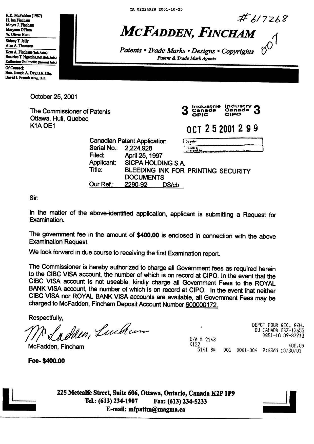 Canadian Patent Document 2224928. Prosecution-Amendment 20011025. Image 1 of 1